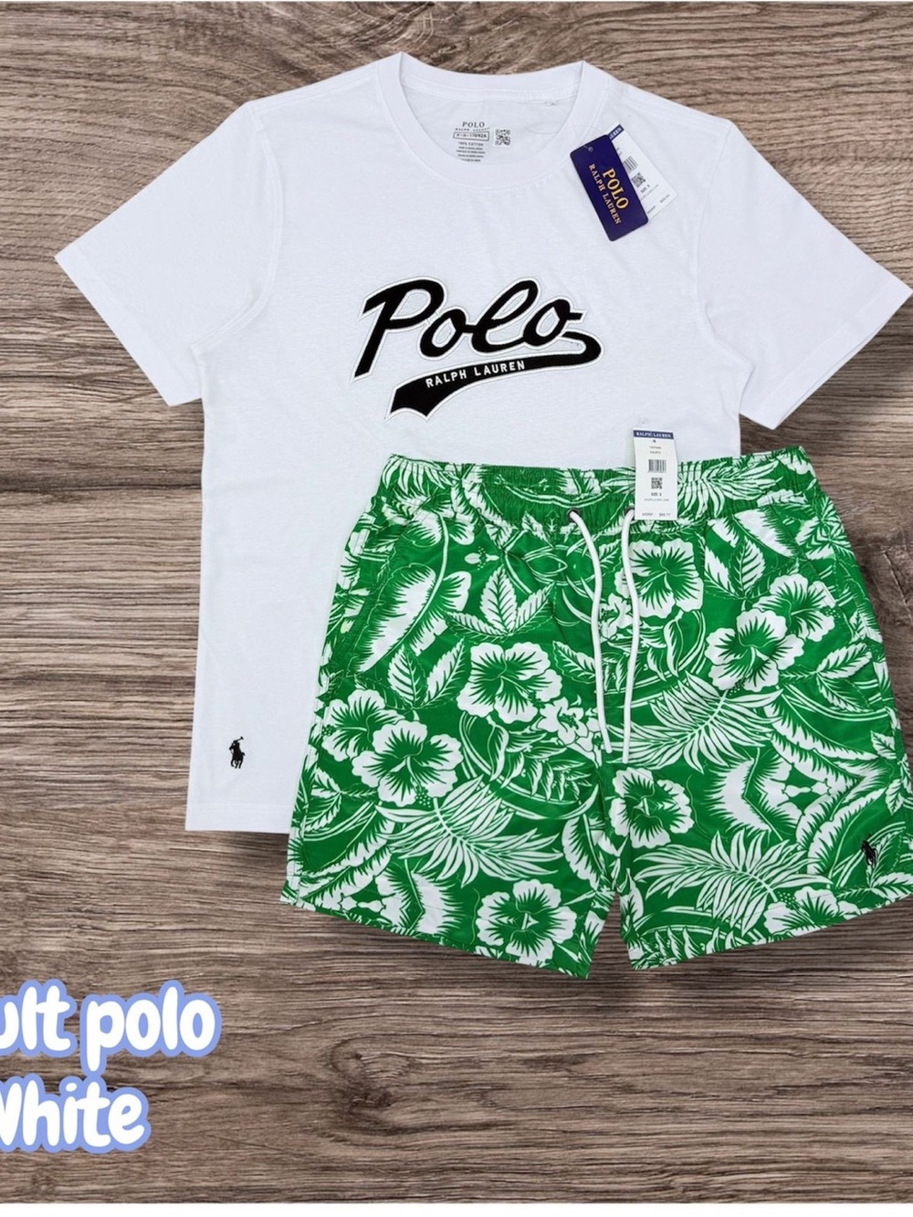 Polo by Ralph Lauren White Logo Tee with Green Floral Swim Trunks